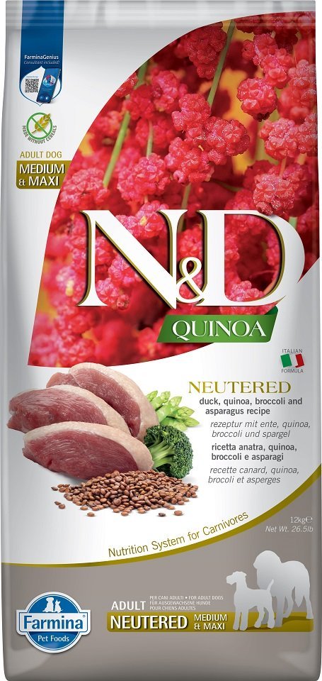 Farmina - N&D Quinoa Dog Neutered Anatra Broccoli Asparagi Adult Medium/Maxi Kg 12 - Animalmania Store