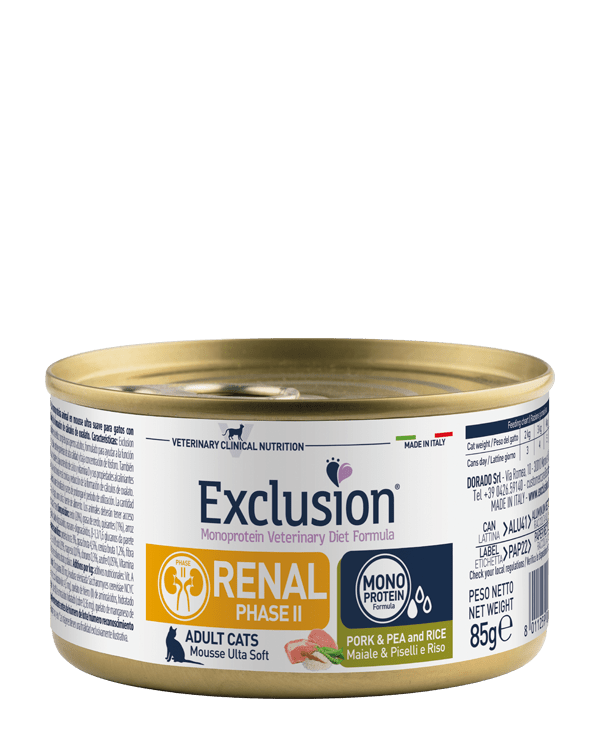 Exclusion - Exclusion Diet Formula Gatto Renal Phase 2 Pork & Pea And Rice Conf. 85 Gr - Animalmania Store