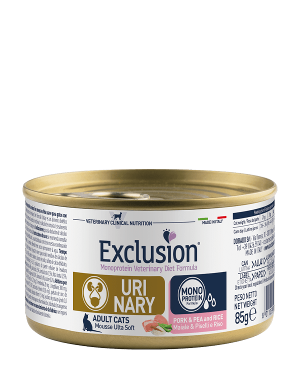 Exclusion - Exclusion Diet Formula Gatto Urinary Stress Pork & Pea And Rice Conf. 85 Gr - Animalmania Store