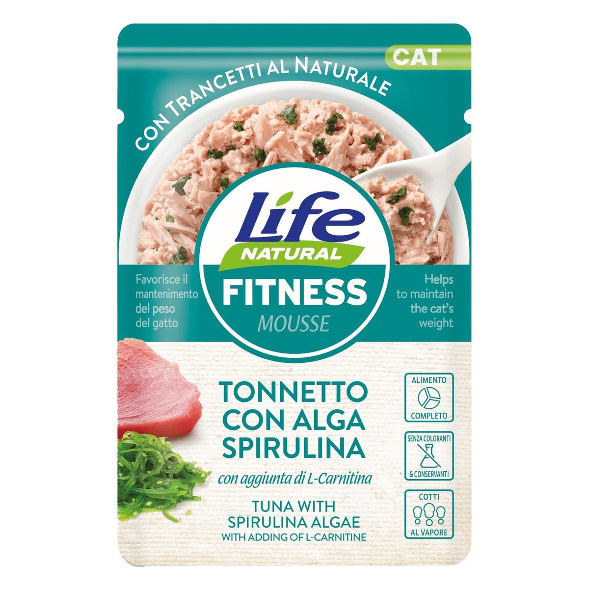 Life Natural Mousse Funzionali Gatto 70 g - Umido in Busta - Fitness Tonnetto con Alga Spirulina