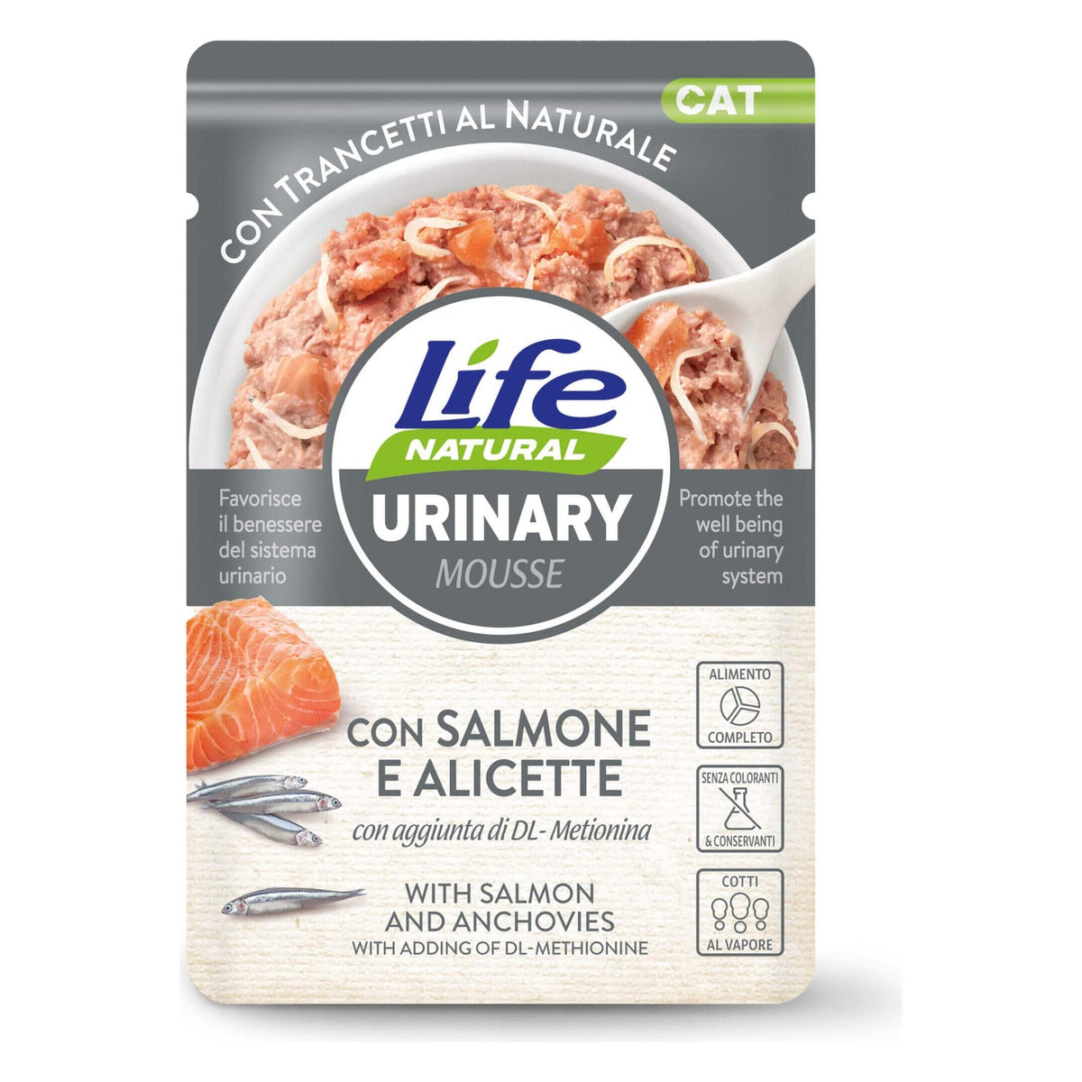 Life Natural Mousse Funzionali Gatto 70 g - Umido in Busta - Urinary Salmone con Alicette