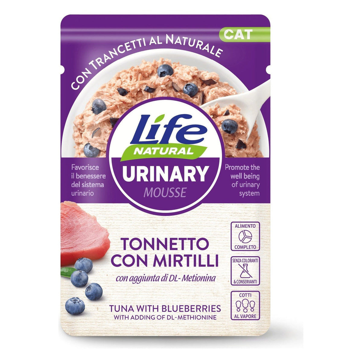 Life Natural Mousse Funzionali Gatto 70 g - Umido in Busta - Urinary Tonnetto con Mirtilli