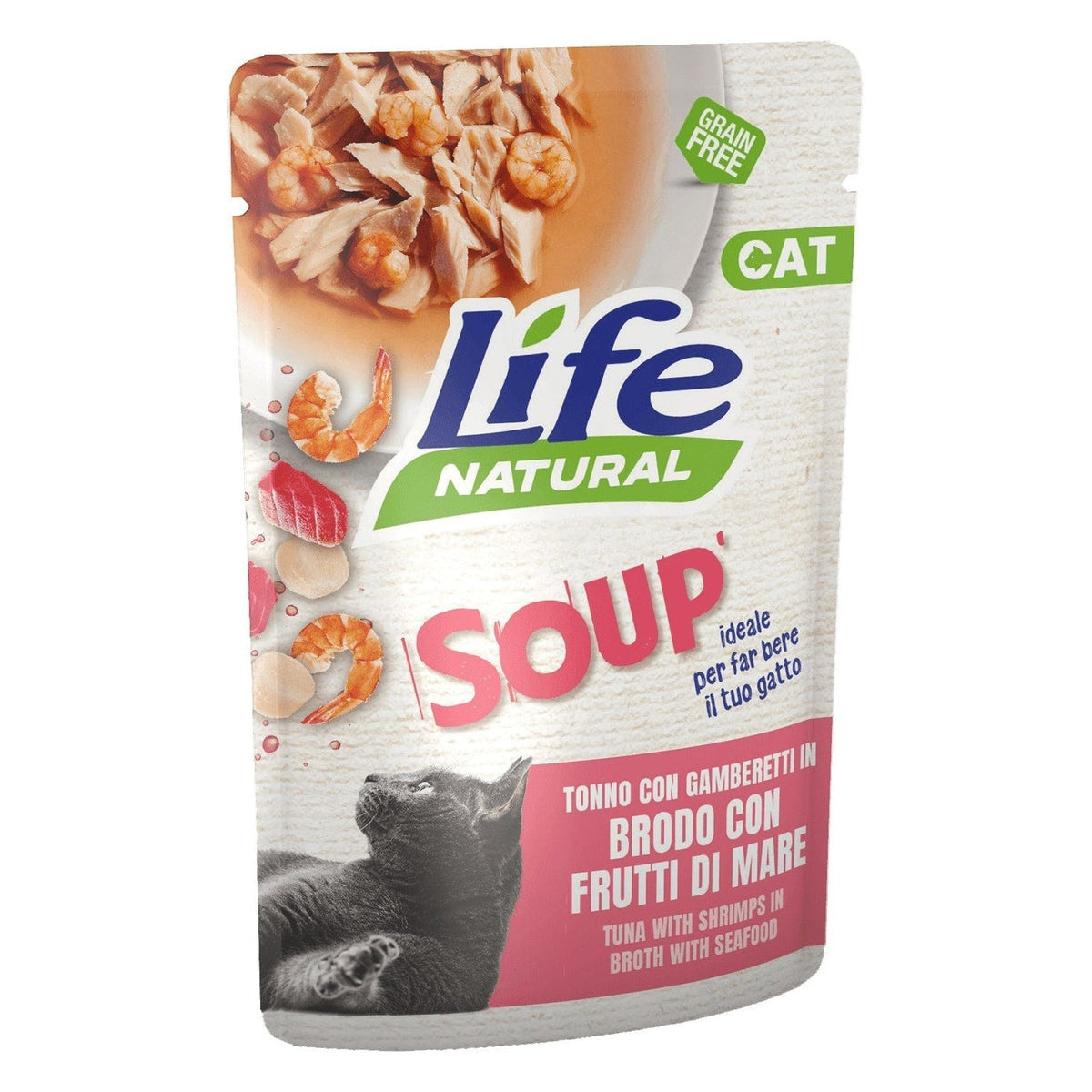 Life Natural Soup Gatto 60 g - Umido in Busta - Tonno e Gamberetti in Brodo di Frutti di Mare
