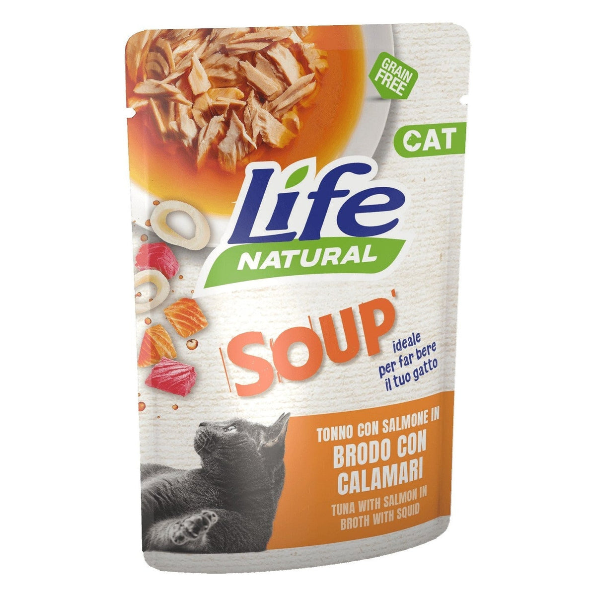 Life Natural Soup Gatto 60 g - Umido in Busta - Tonno e Salmone in Brodo con Calamari