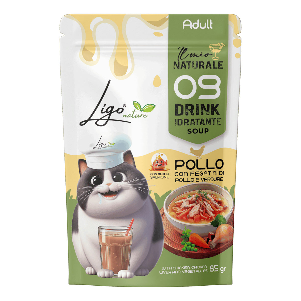 Ligo Nature Drink Idratante Soup Gatto Busta 85 g, Pollo con fegatini e verdure