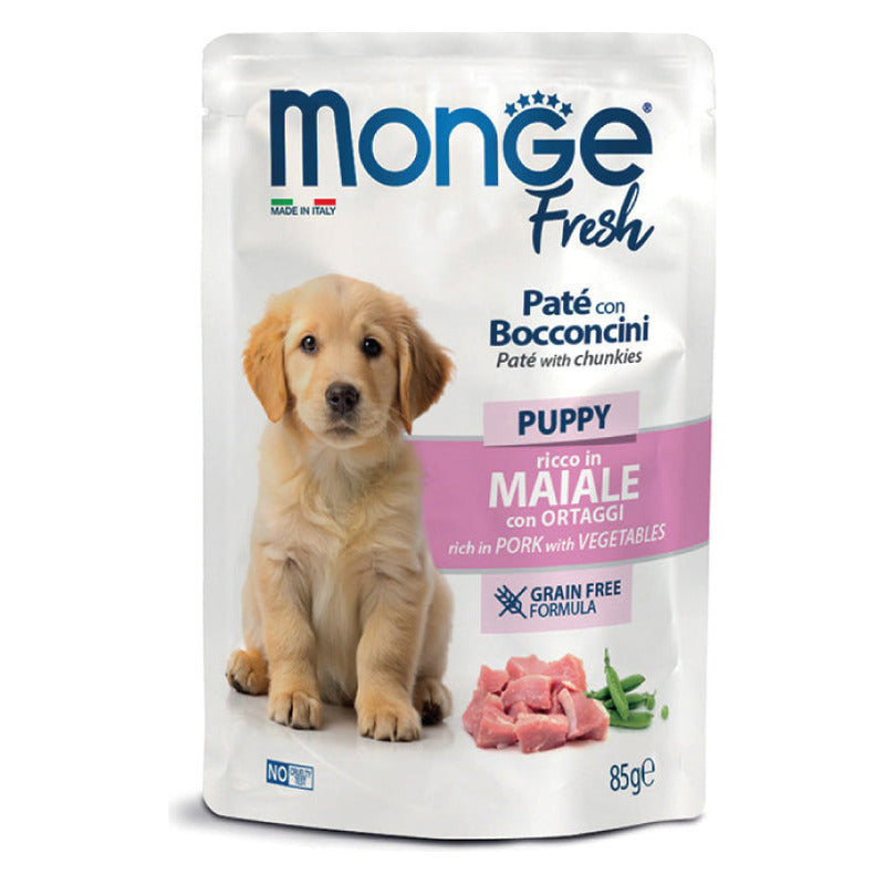 Monge Fresh Paté con Bocconcini Cane 85 g - Umido in Busta - Puppy Maiale con Ortaggi
