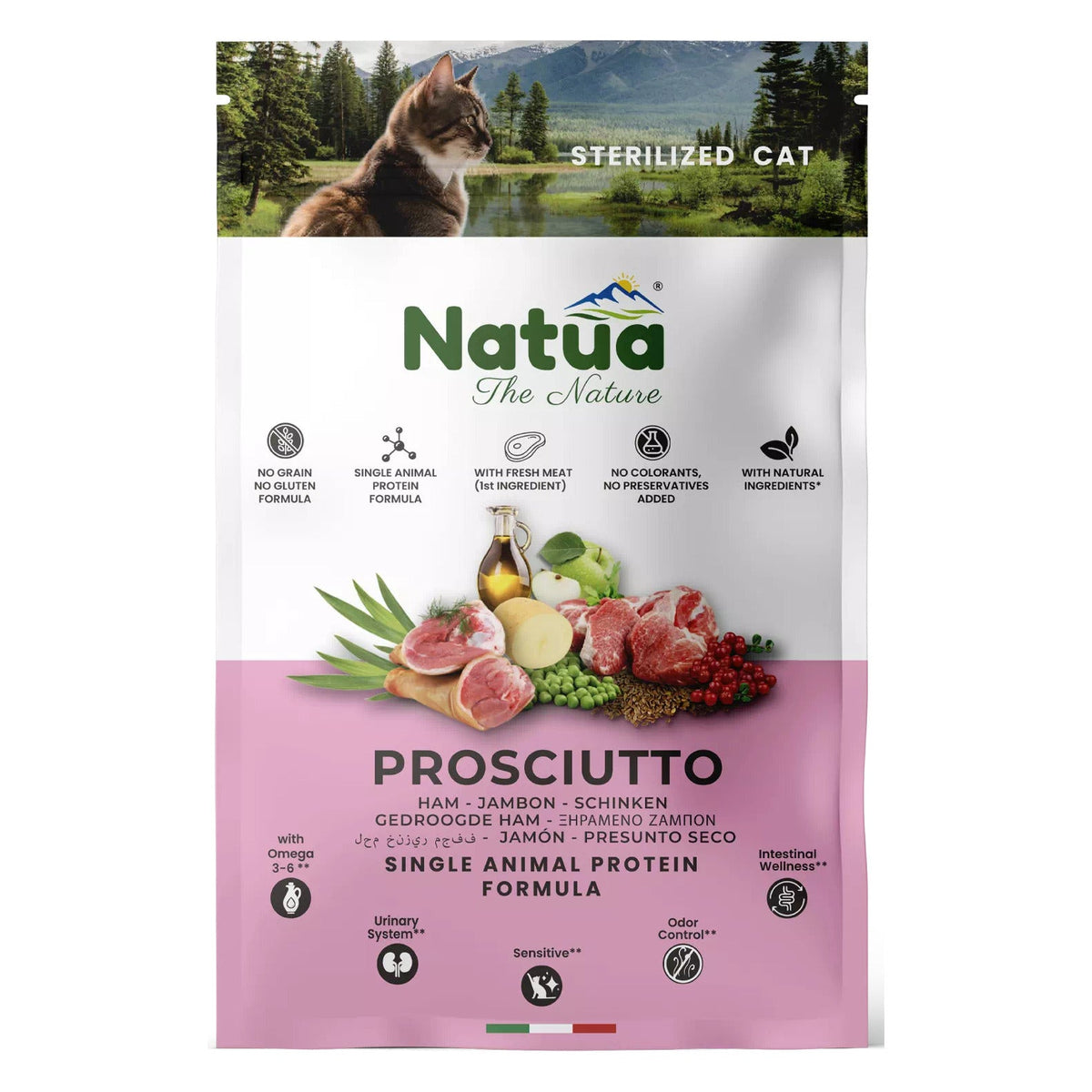 Natua Dry Line Gatto - Crocchette Monoproteiche Senza Cereali - Sterilized Prosciutto / 1.5kg