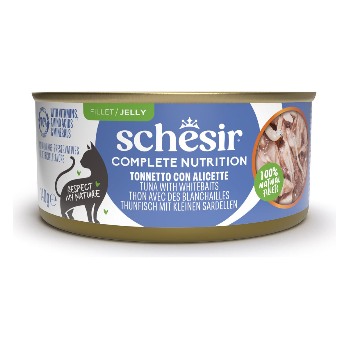 Schesir Gatto Complete Nutrition Gelatina Lattina 140 g Tonnetto con Alicette