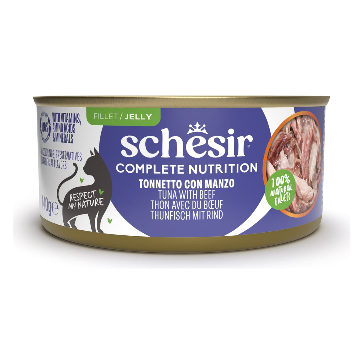 Schesir Gatto Complete Nutrition Gelatina Lattina 140 g Tonnetto con Manzo