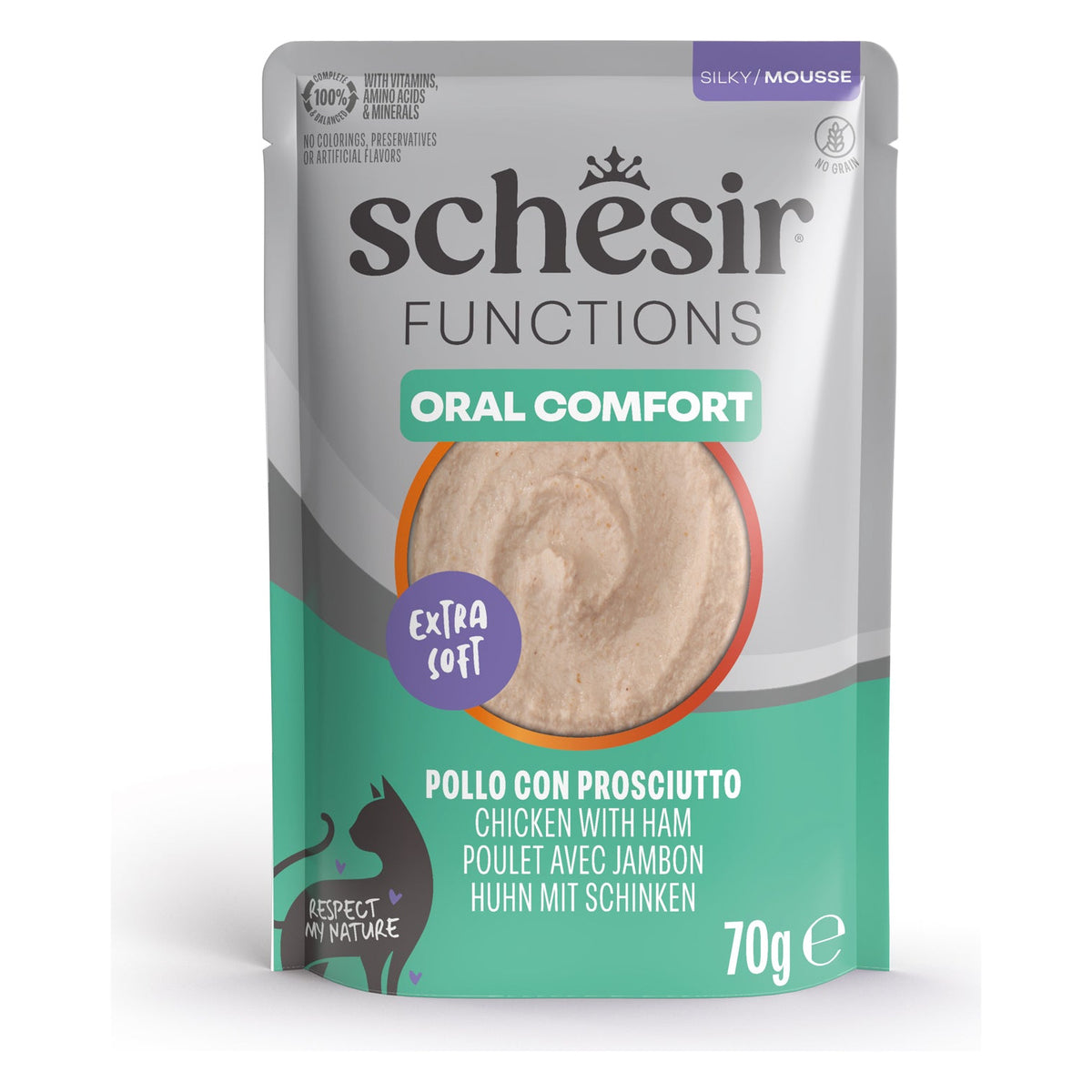 Schesir Gatto Functions Mousse Busta 70 g Oral Comfort Pollo con Prosciutto