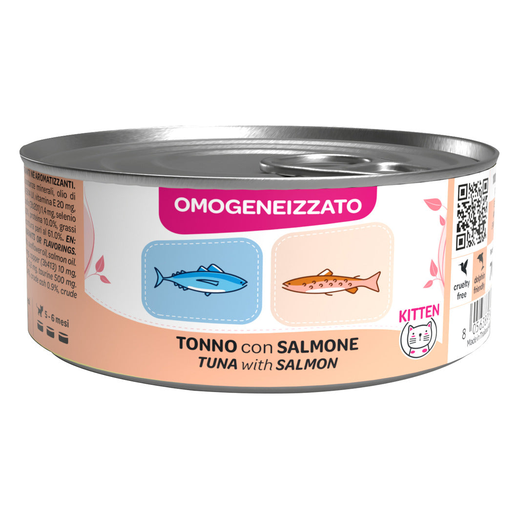 WeNature Omogeneizzato Kitten 70 g - Umido per Gattini in Lattina - Kitten Tonno con Salmone (secondo lato della lattina)