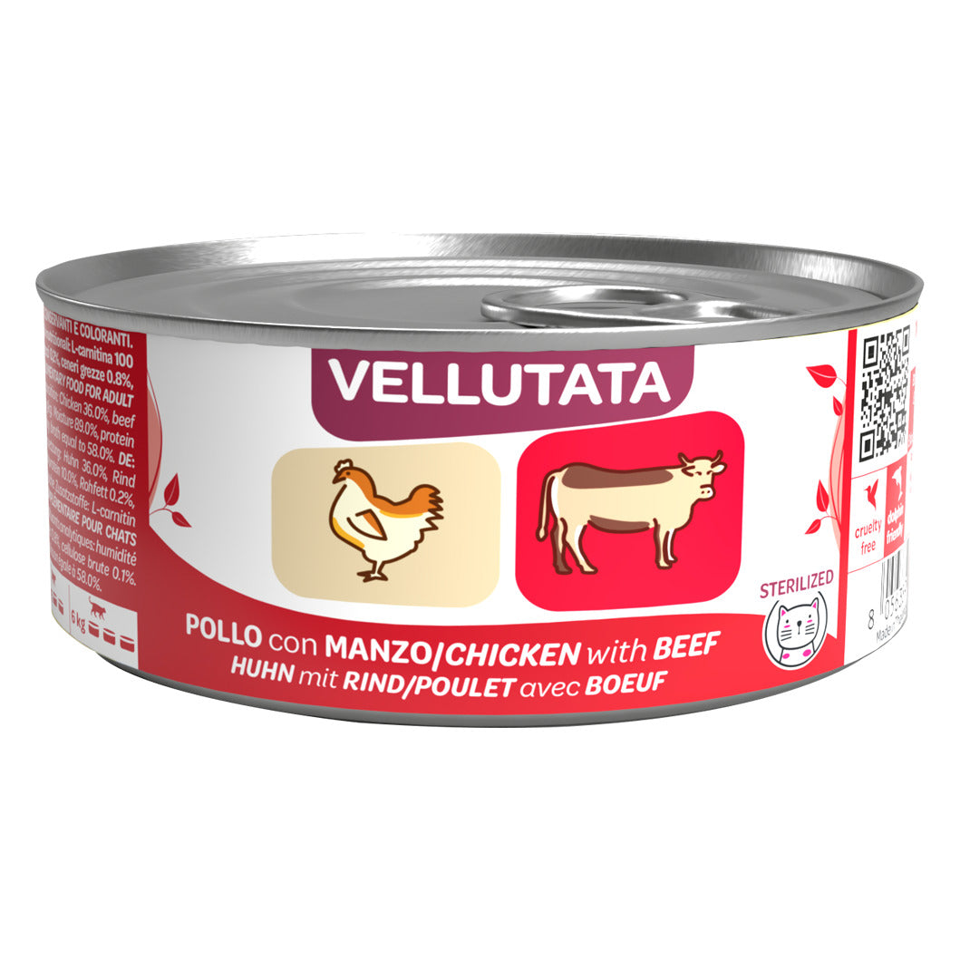 WeNature Vellutata Gatto 70 g - Umido in Lattina Adult e Sterilized - Sterilized Pollo con Manzo (secondo lato della lattina)