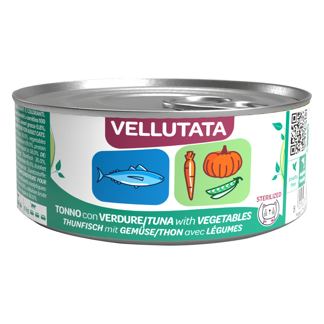 WeNature Vellutata Gatto 70 g - Umido in Lattina Adult e Sterilized - Sterilized Tonno con Verdure (secondo lato della lattina)