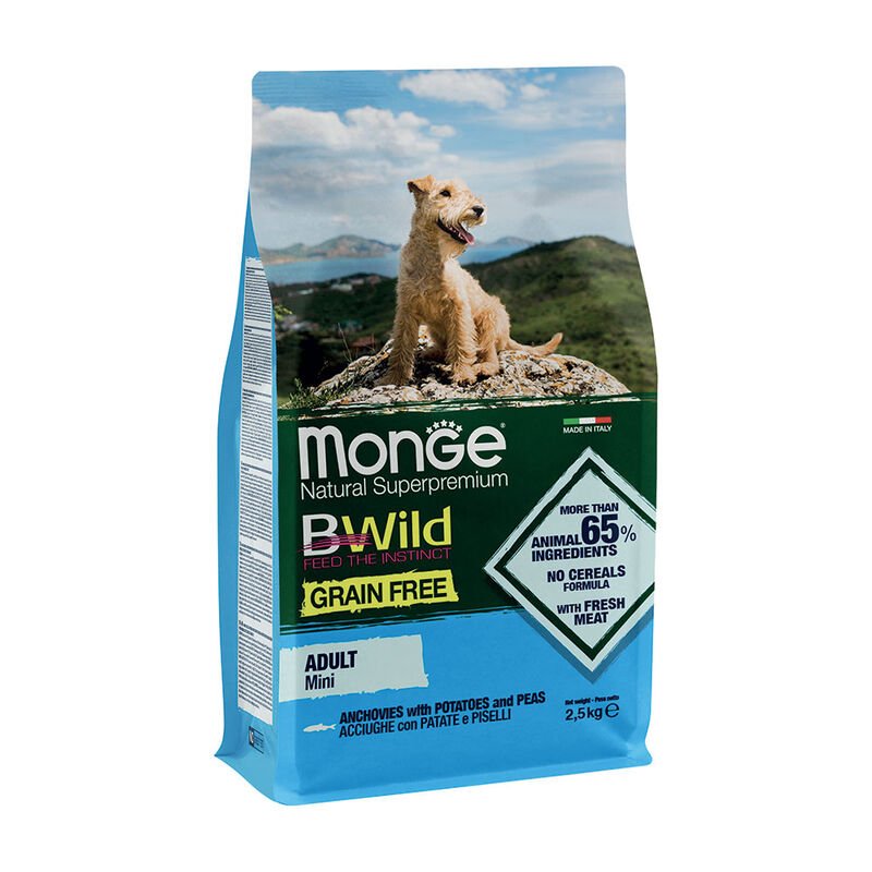 Monge - Monge Natural Superpremium Bwild Grain Free Cane Mini Adult Acciughe Patate E Piselli 2,5 Kg - Animalmania Store