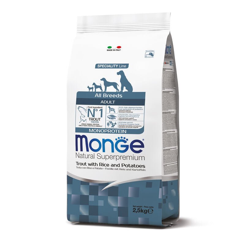 Monge - Monge Natural Superpremium Monoprotein Cane Adult Trota, Riso & Patate - Animalmania Store