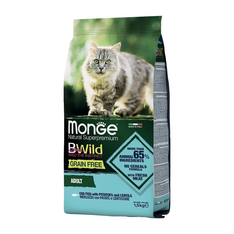 Monge - Monge Natural Superpremium Bwild Grain Free Gatto Adult Merluzzo Con Patate E Lenticchie 1.5 Kg - Animalmania Store