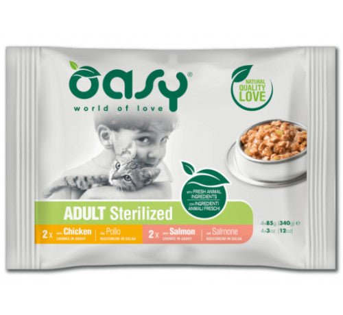 Oasy - Oasy Multipack Bocconcini In Salsa Per Gatti Sterilized Al Pollo E Al Salmone 4X85 Gr - Animalmania Store