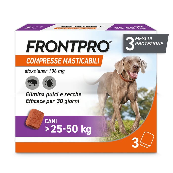 Frontpro - Frontpro Contro Pulci E Zecche 3 Compresse Masticabili Per Cani 25-50 Kg 136 Mg - Animalmania Store