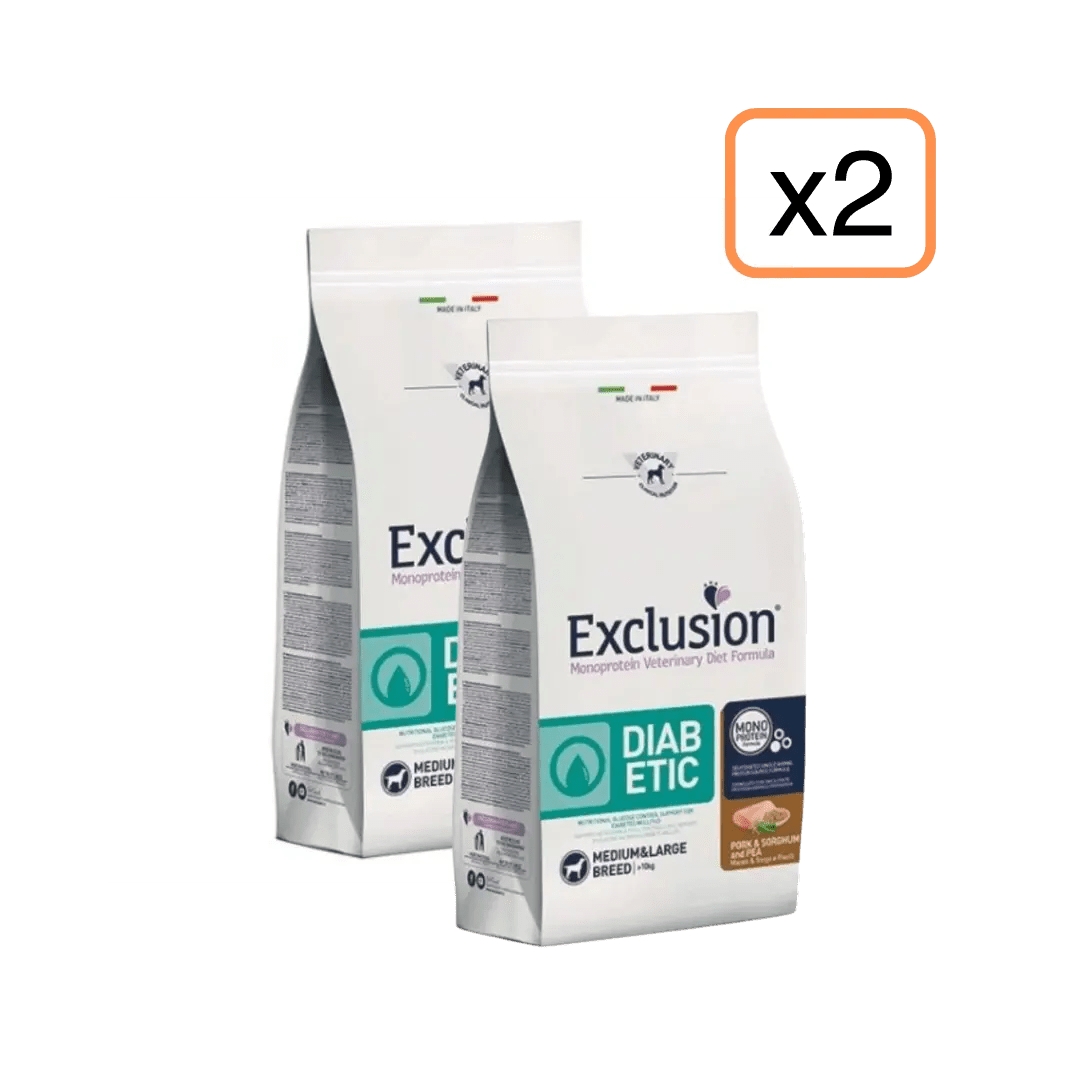 Exclusion - Exclusion Monoprotein Veterinary Diet Diabetic Adulto Medium&Large Maiale, Sorgo&Piselli 12Kg X 2 - Animalmania Store