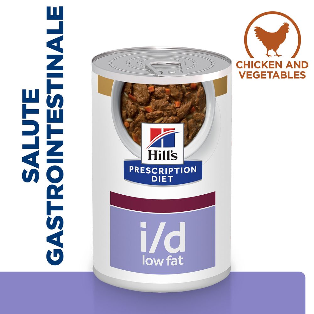 Hill's Science Plan - Hill's PRESCRIPTION DIET i/d Low Fat spezzatino per cani aromatizzato con pollo e verdure Multipack 354gr x 12 - Animalmania Store