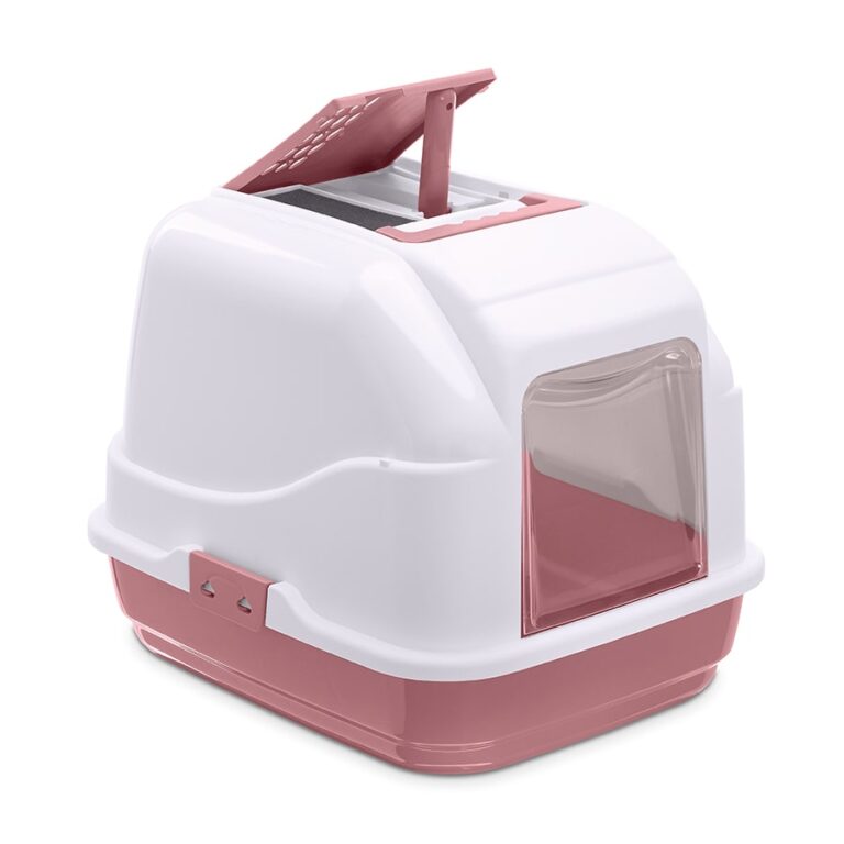 Lettiera chiusa per gatti IMAC Easy Cat rosa con coperchio bianco e filtro ai carboni attivi