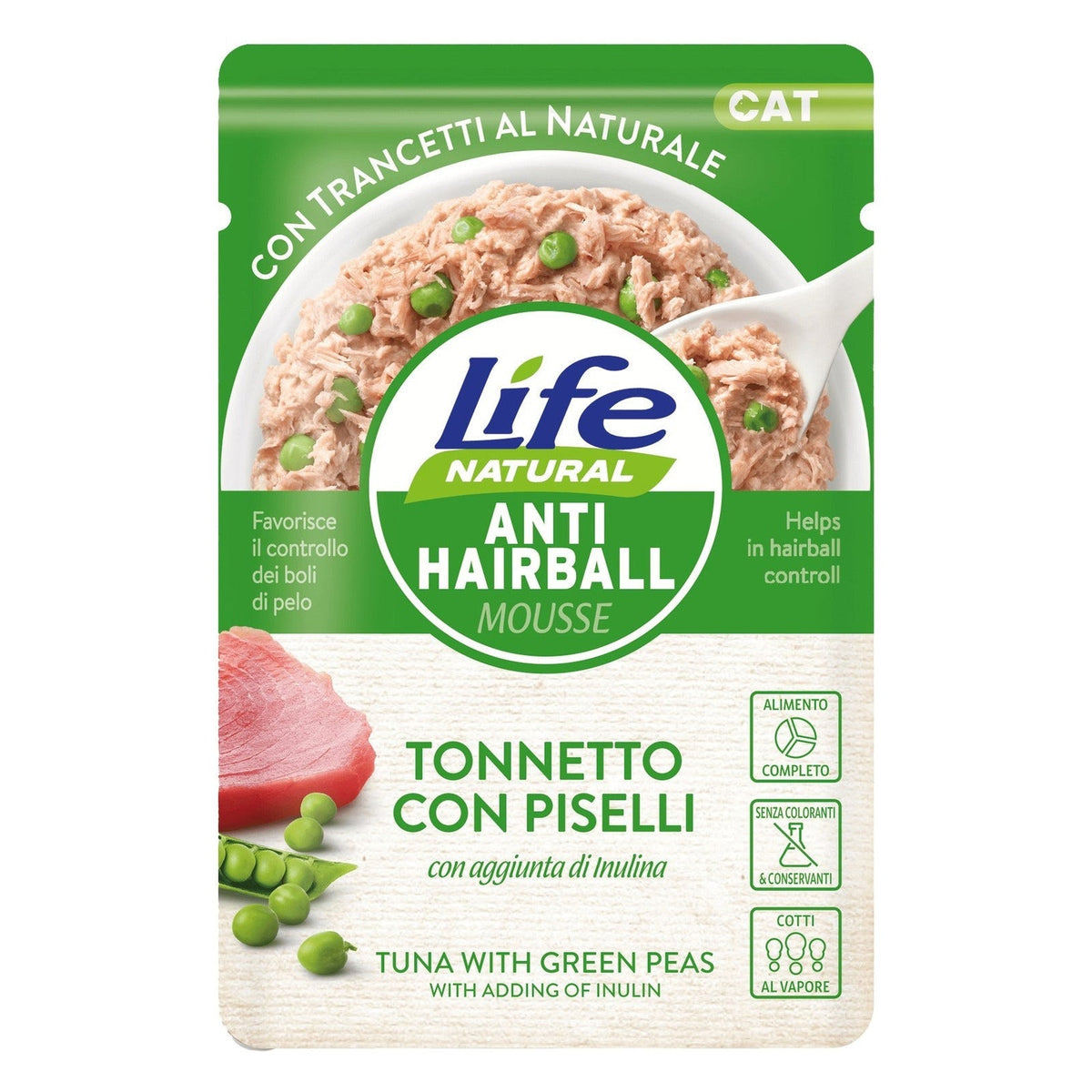 Life Natural Mousse Funzionali Gatto 70 g - Umido in Busta - Anti-Hairball Tonnetto con Piselli