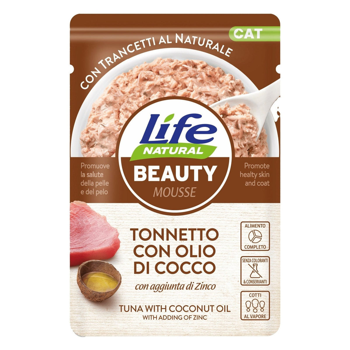 Life Natural Mousse Funzionali Gatto 70 g - Umido in Busta - Beauty Tonnetto con Olio di Cocco