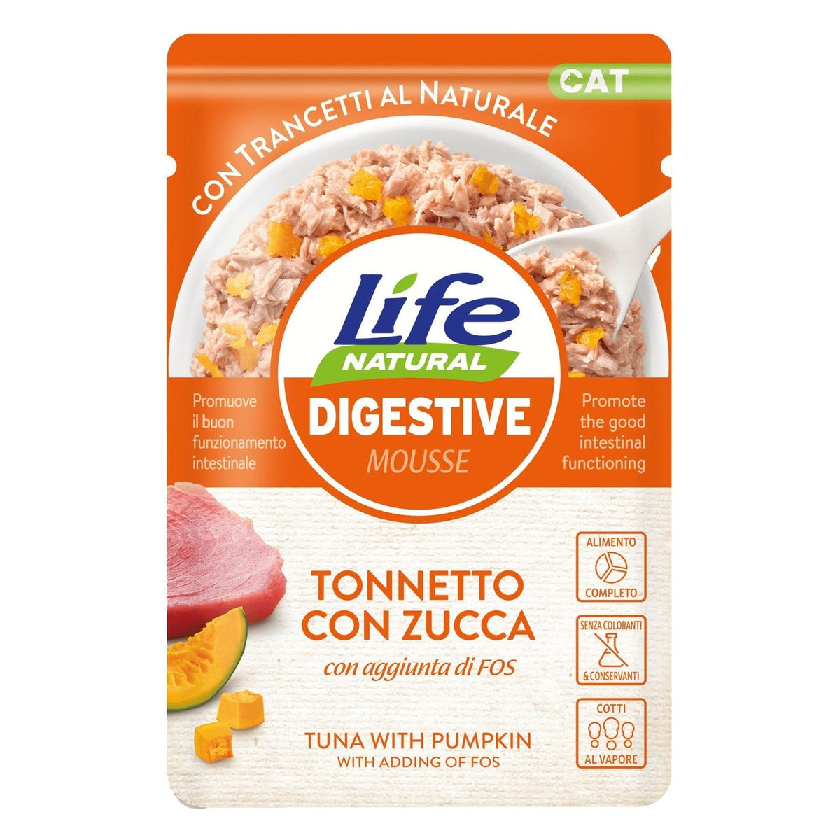 Life Natural Mousse Funzionali Gatto 70 g - Umido in Busta - Digestive Tonnetto con Zucca