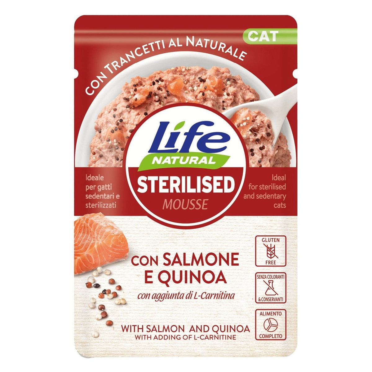 Life Natural Mousse Funzionali Gatto 70 g - Umido in Busta - Sterilised Salmone e Quinoa