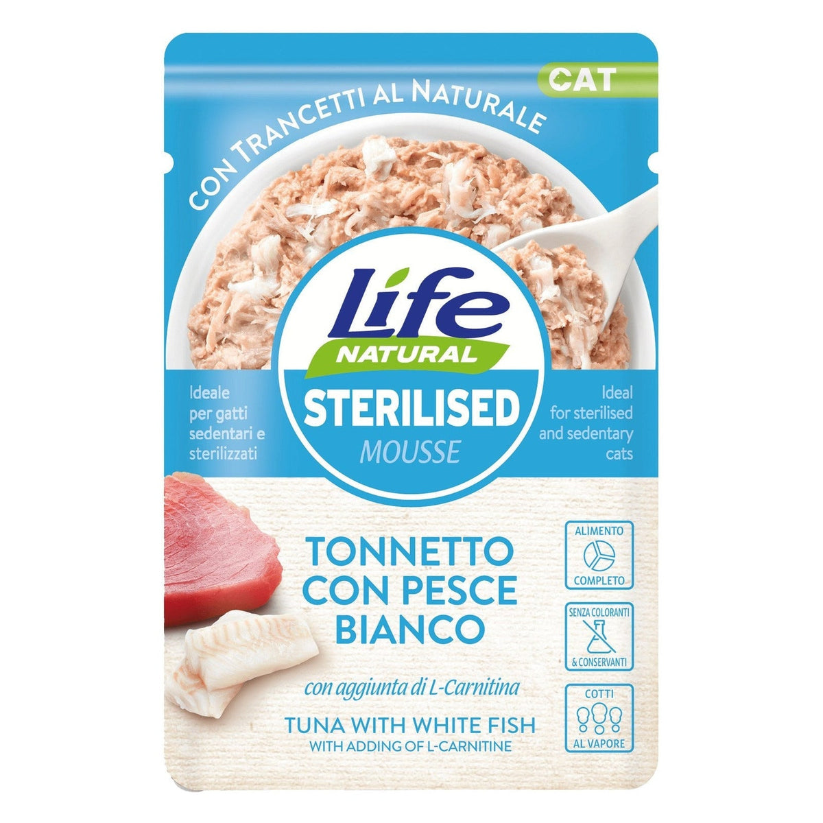 Life Natural Mousse Funzionali Gatto 70 g - Umido in Busta - Sterilised Tonnetto con Pesce Bianco
