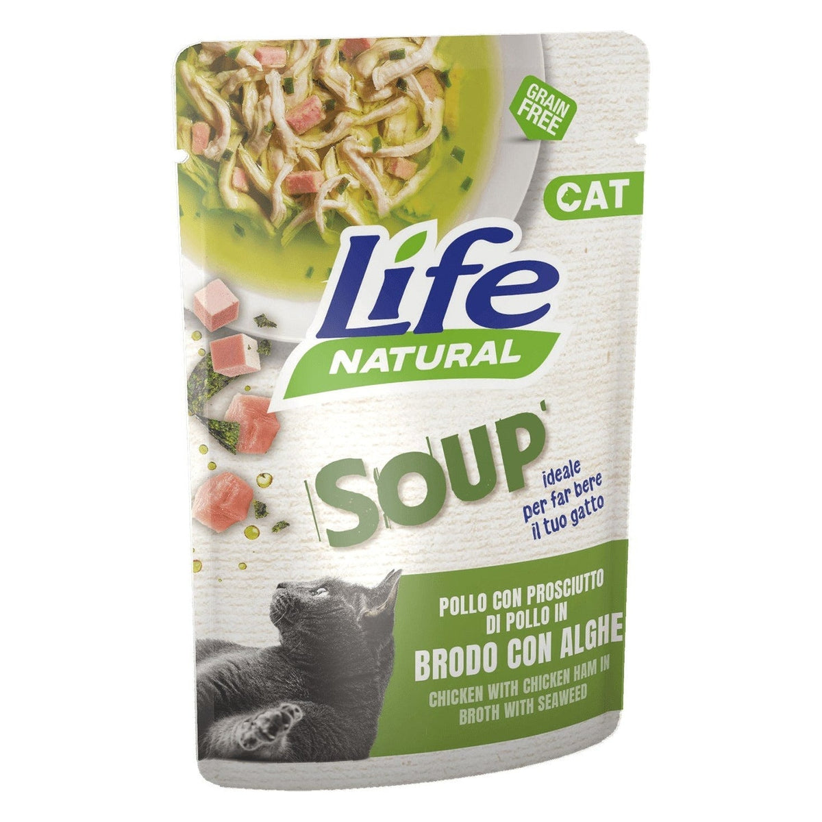 Life Natural Soup Gatto 60 g - Umido in Busta - Pollo e Prosciutto in Brodo con Alghe