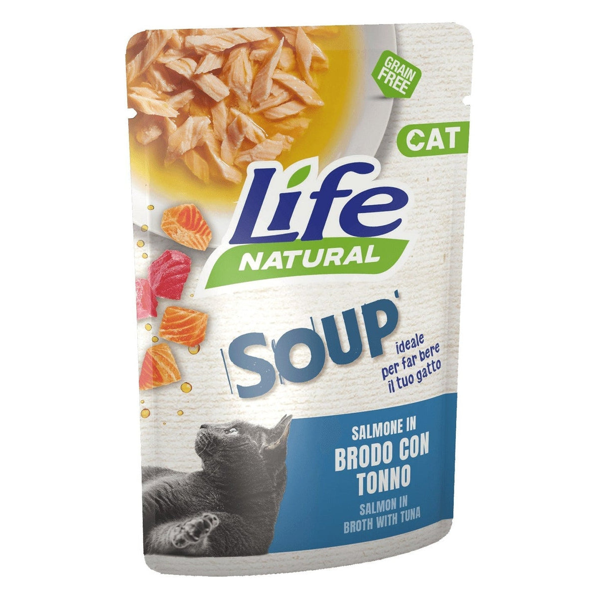 Life Natural Soup Gatto 60 g - Umido in Busta - Salmone in Brodo con Tonno