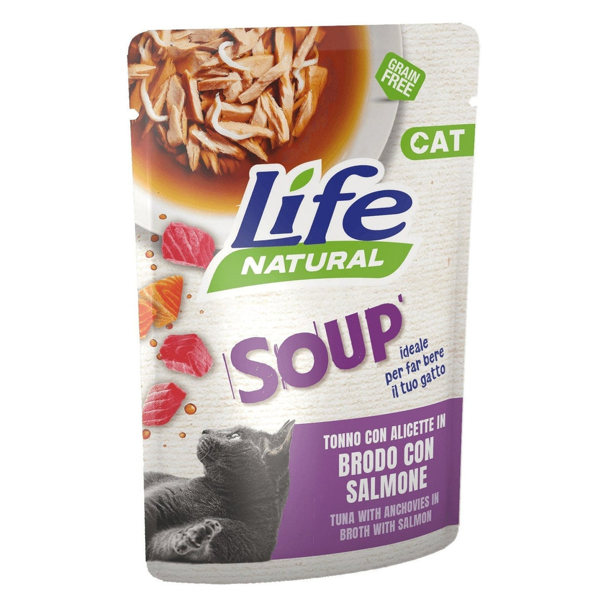 Life Natural Soup Gatto 60 g - Umido in Busta - Tonno e Alicette in Brodo con Salmone