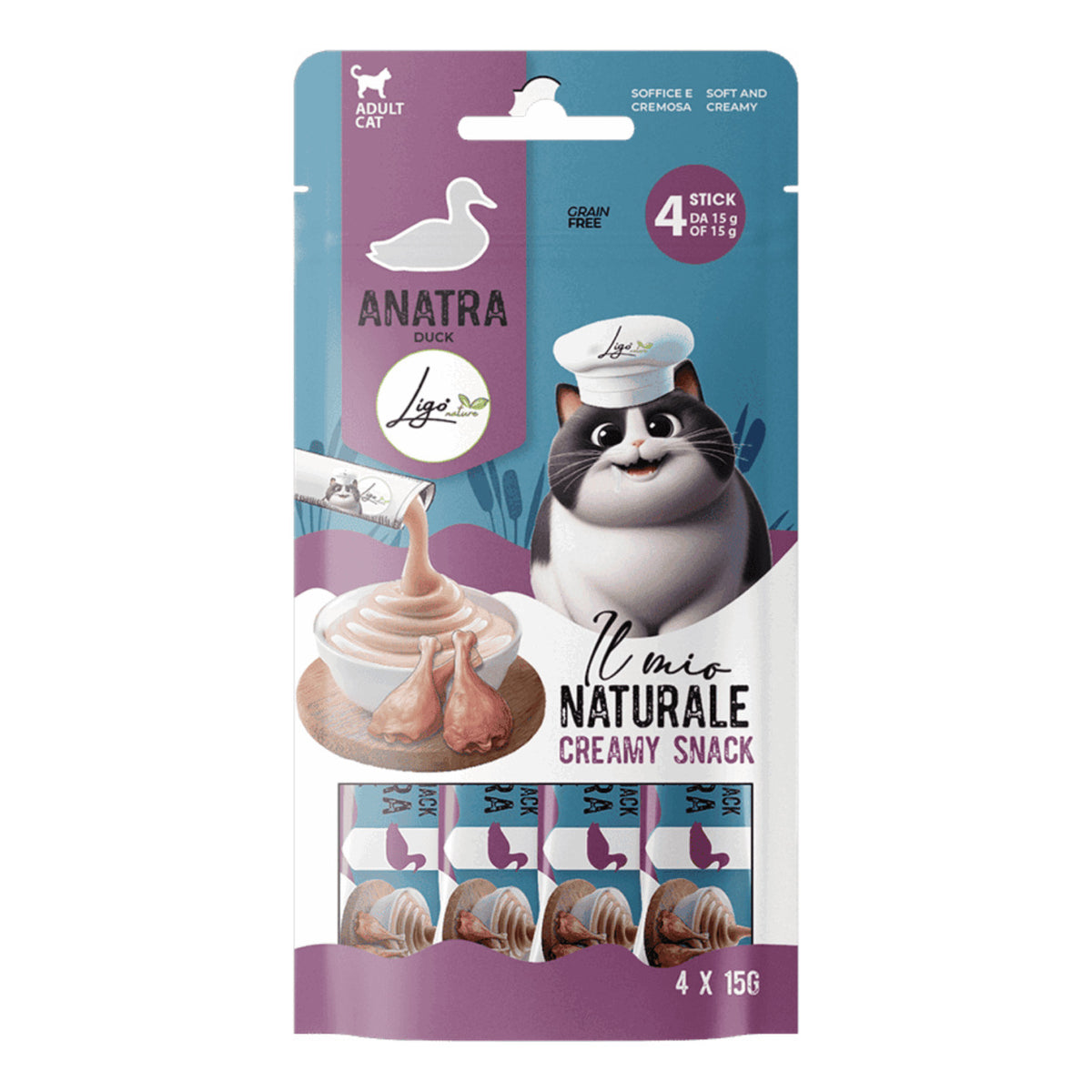Ligo Nature Il Mio Naturale Creamy Snack Gatto 4x15 g, Anatra