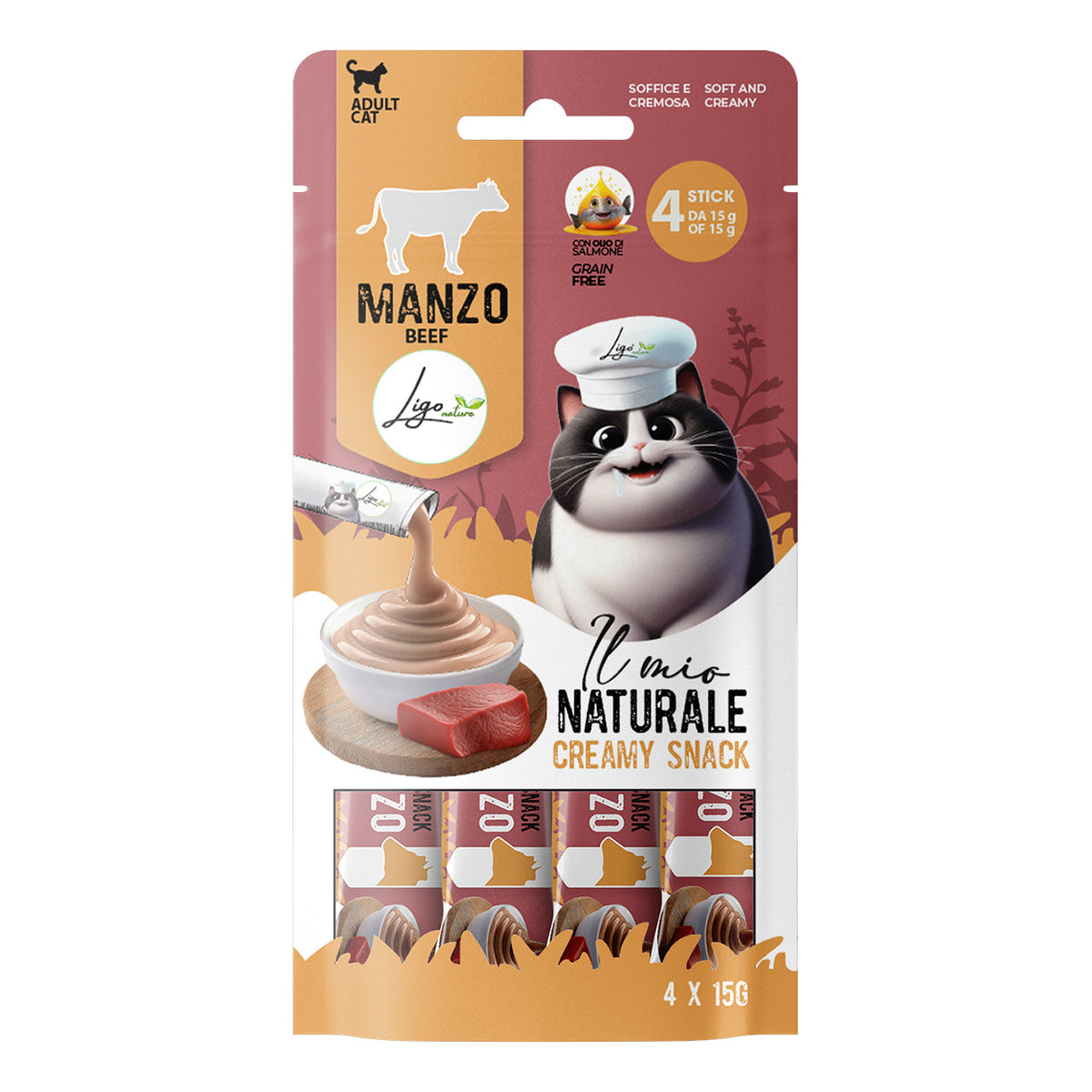 Ligo Nature Il Mio Naturale Creamy Snack Gatto 4x15 g, Manzo
