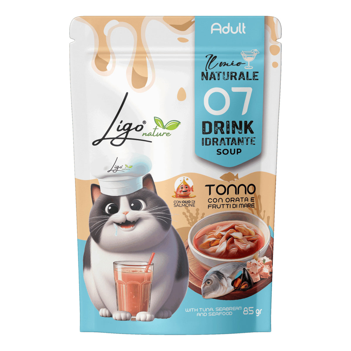 Ligo Nature Drink Idratante Soup Gatto Busta 85 g, Tonno con orata e frutti di mare