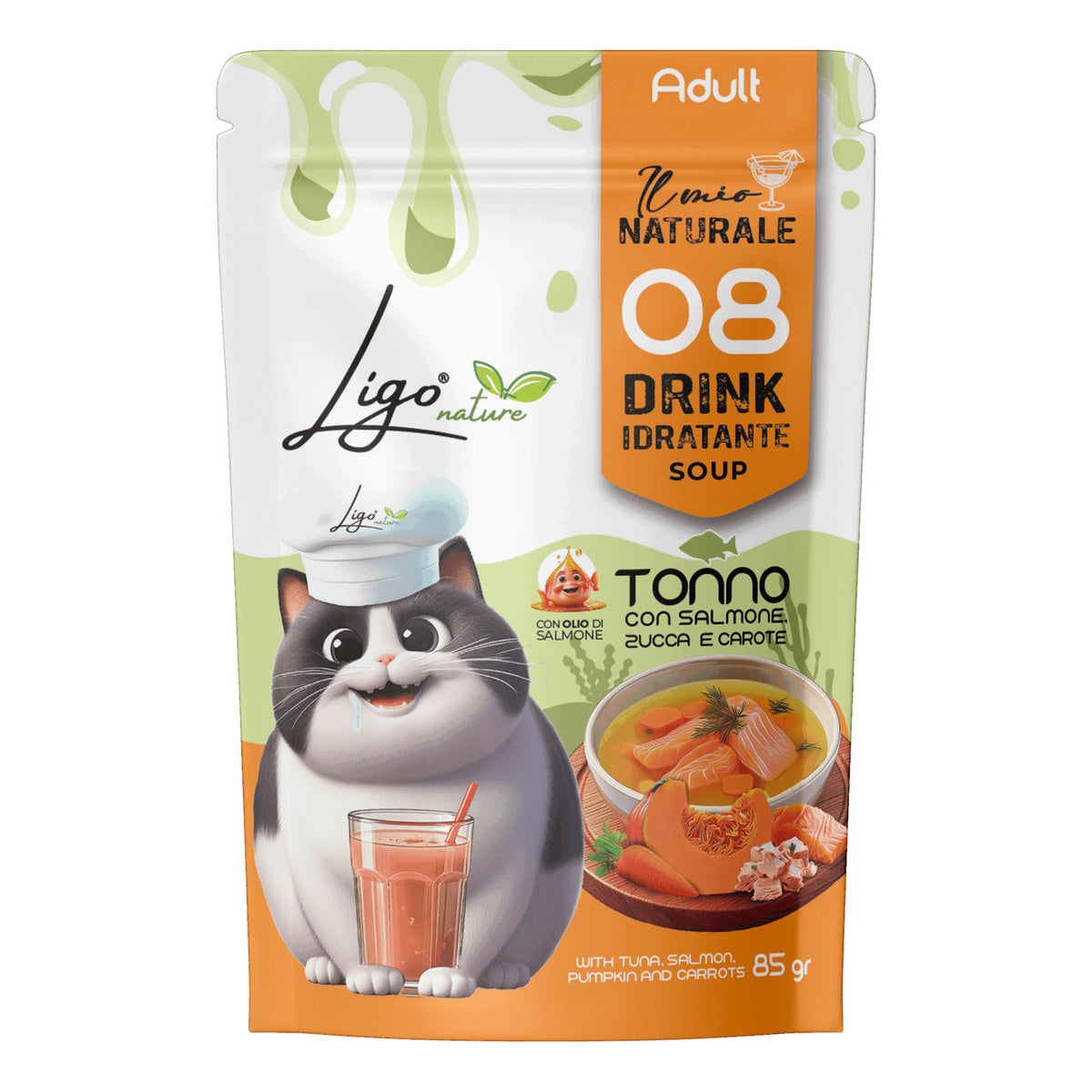 Ligo Nature Drink Idratante Soup Gatto Busta 85 g, Tonno con salmone, zucca e carote