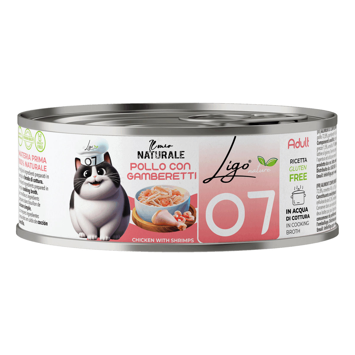 Ligo Nature Il Mio Naturale Lattina 85 g in Acqua di Cottura Umido Gatto, Pollo con gamberetti