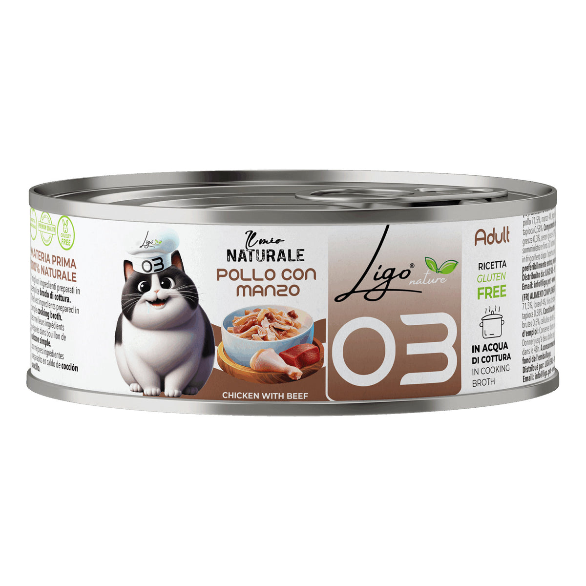 Ligo Nature Il Mio Naturale Lattina 85 g in Acqua di Cottura Umido Gatto, Pollo con manzo