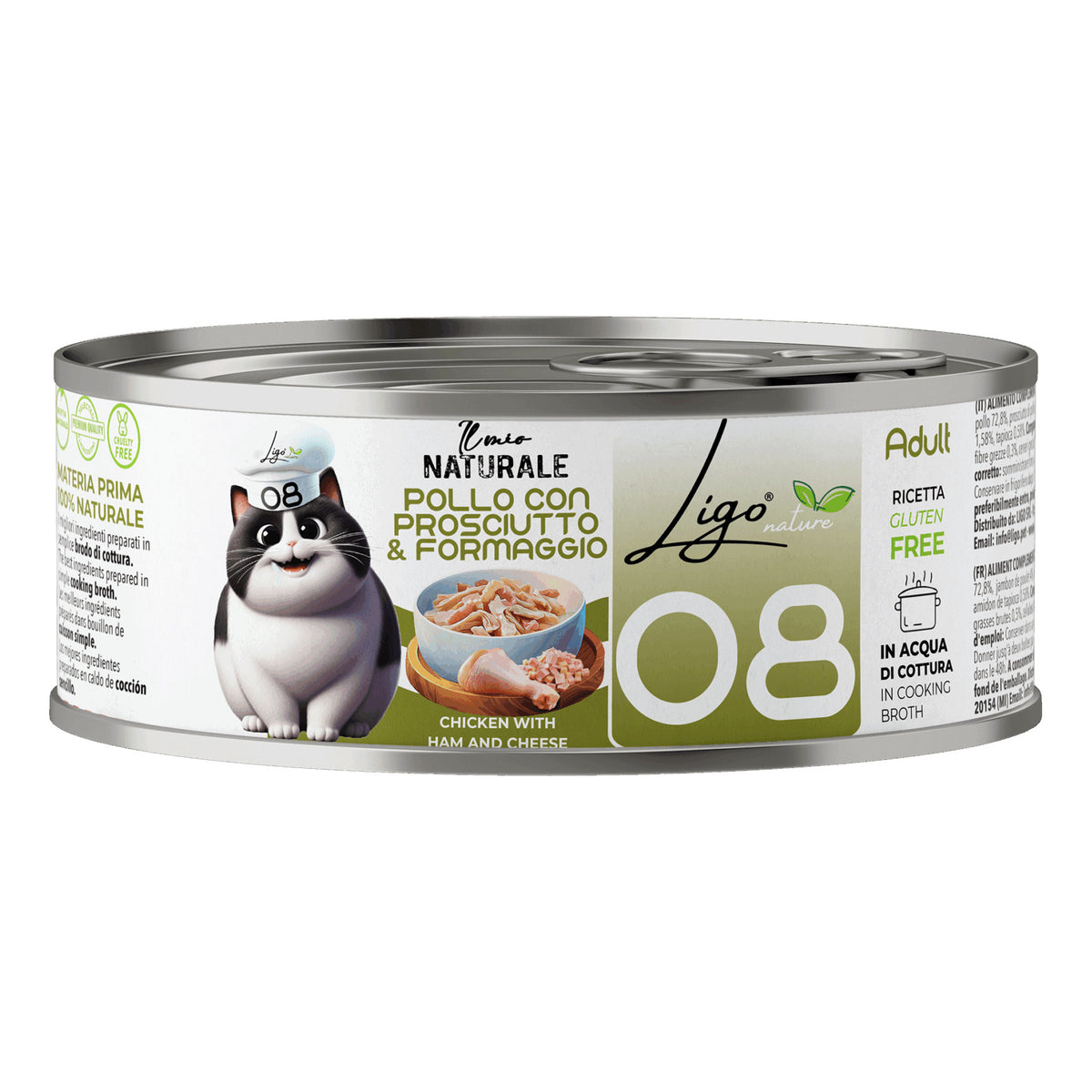 Ligo Nature Il Mio Naturale Lattina 85 g in Acqua di Cottura Umido Gatto, Pollo con prosciutto e formaggio