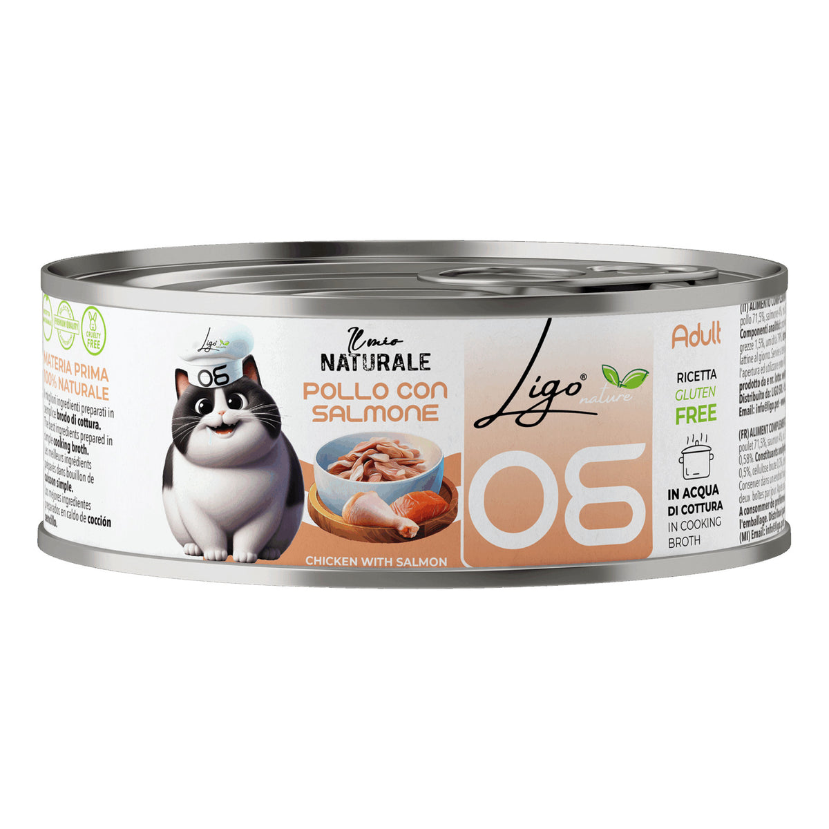 Ligo Nature Il Mio Naturale Lattina 85 g in Acqua di Cottura Umido Gatto, Pollo con salmone