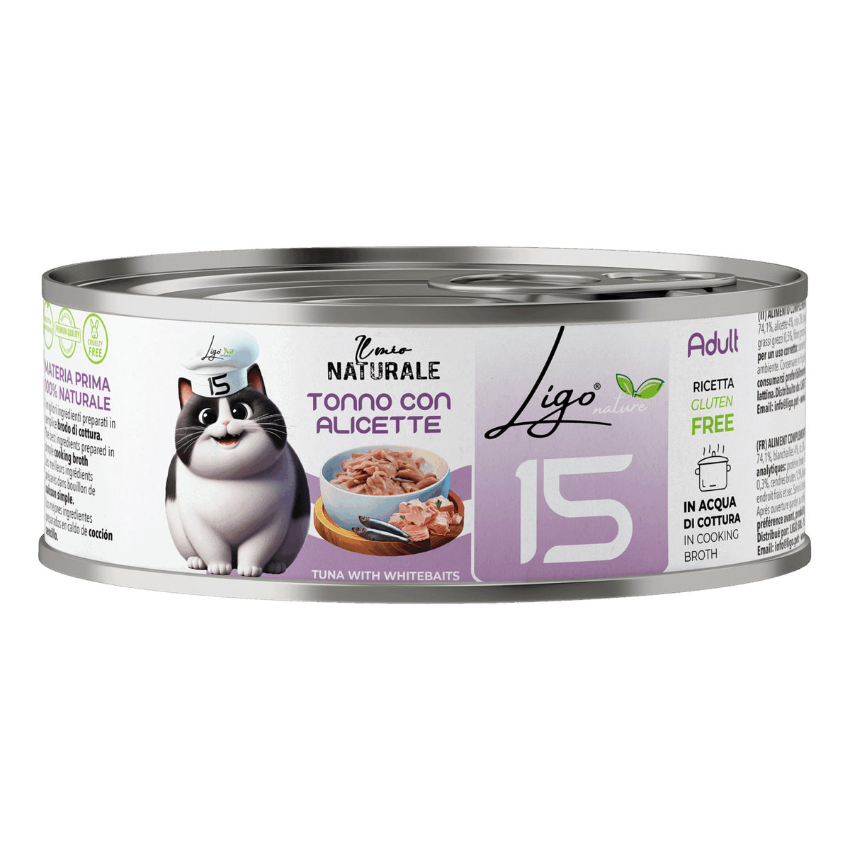 Ligo Nature Il Mio Naturale Lattina 85 g in Acqua di Cottura Umido Gatto, Tonno con alicette