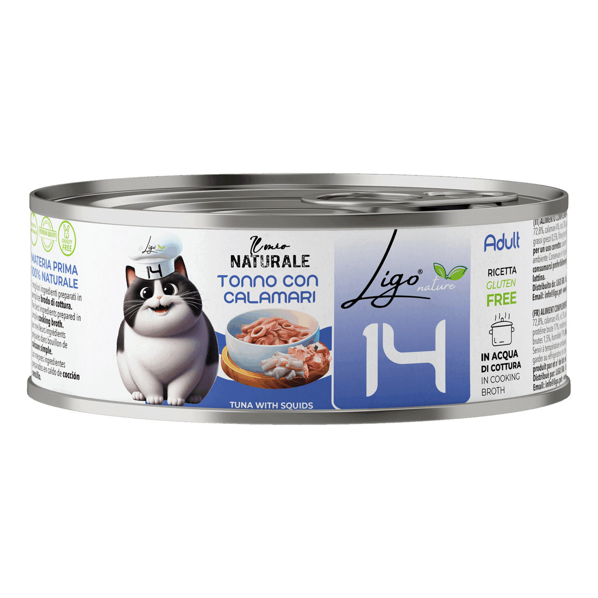 Ligo Nature Il Mio Naturale Lattina 85 g in Acqua di Cottura Umido Gatto, Tonno con calamari
