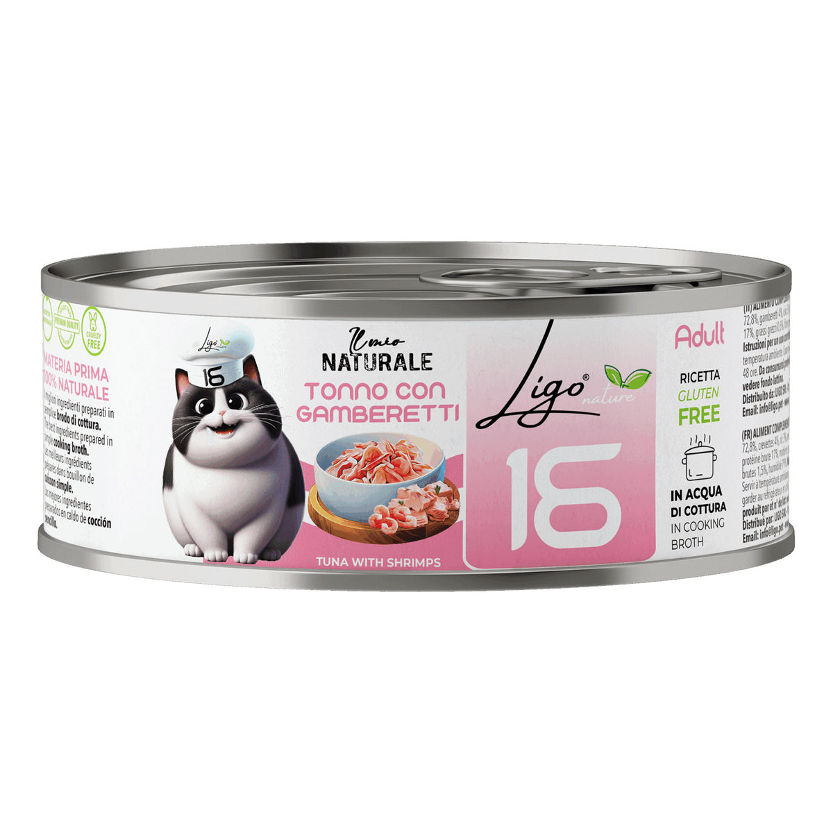 Ligo Nature Il Mio Naturale Lattina 85 g in Acqua di Cottura Umido Gatto, Tonno con gamberetti