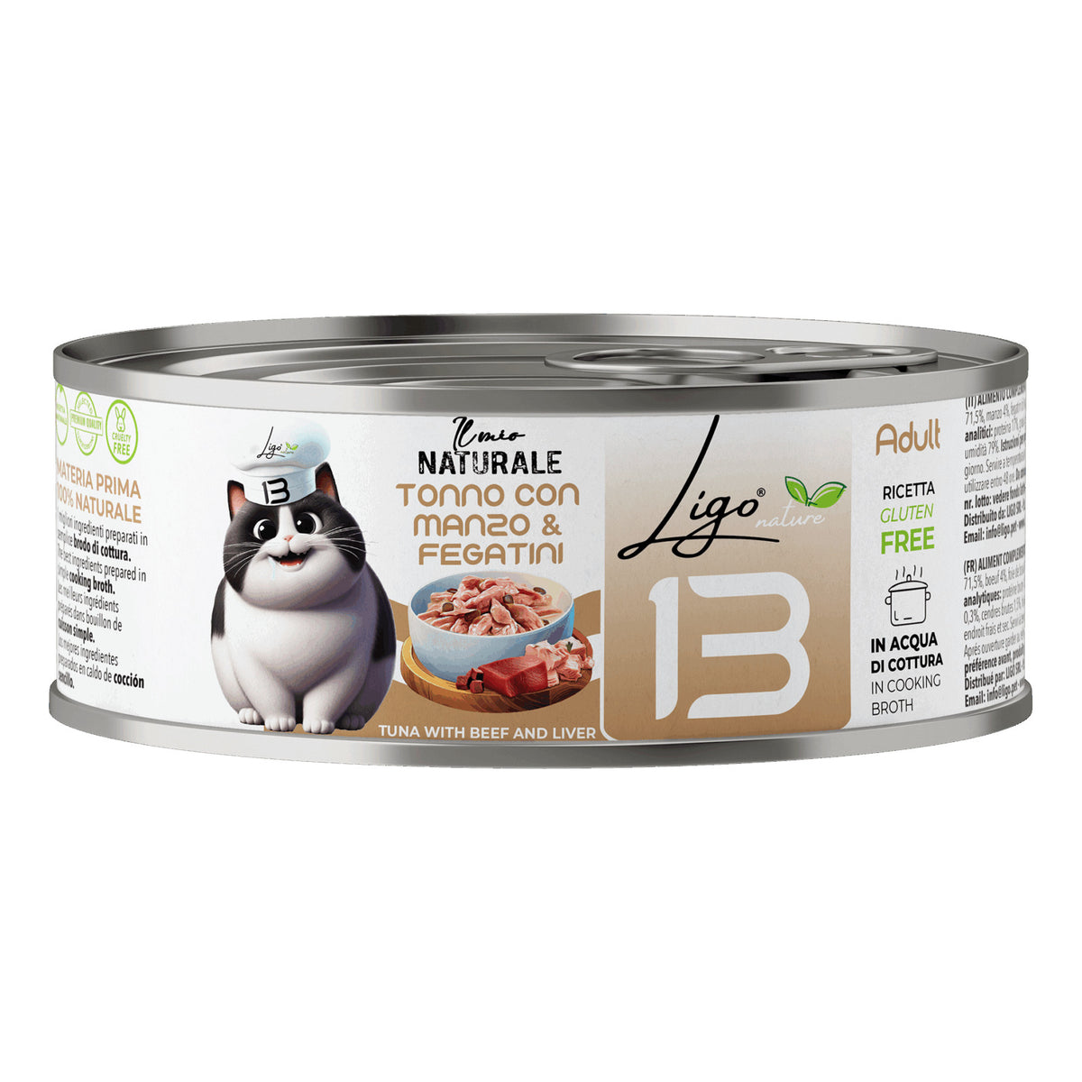 Ligo Nature Il Mio Naturale Lattina 85 g in Acqua di Cottura Umido Gatto, Tonno con manzo e fegatini