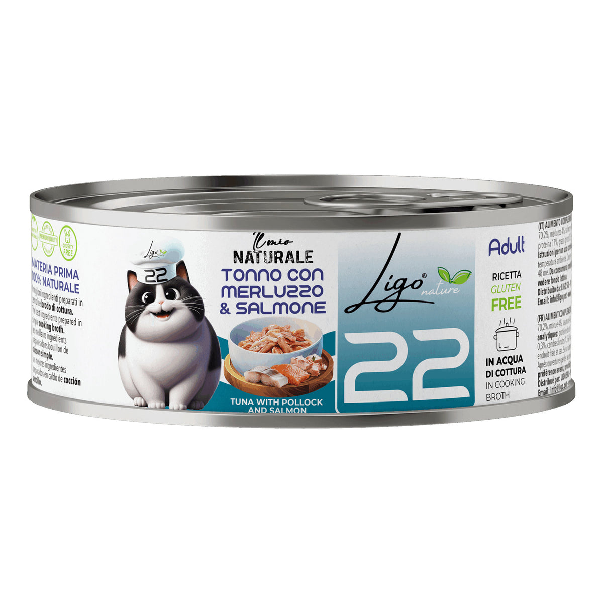 Ligo Nature Il Mio Naturale Lattina 85 g in Acqua di Cottura Umido Gatto, Tonno con merluzzo e salmone