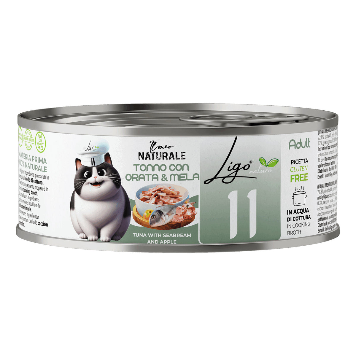 Ligo Nature Il Mio Naturale Lattina 85 g in Acqua di Cottura Umido Gatto, Tonno con orata e mela