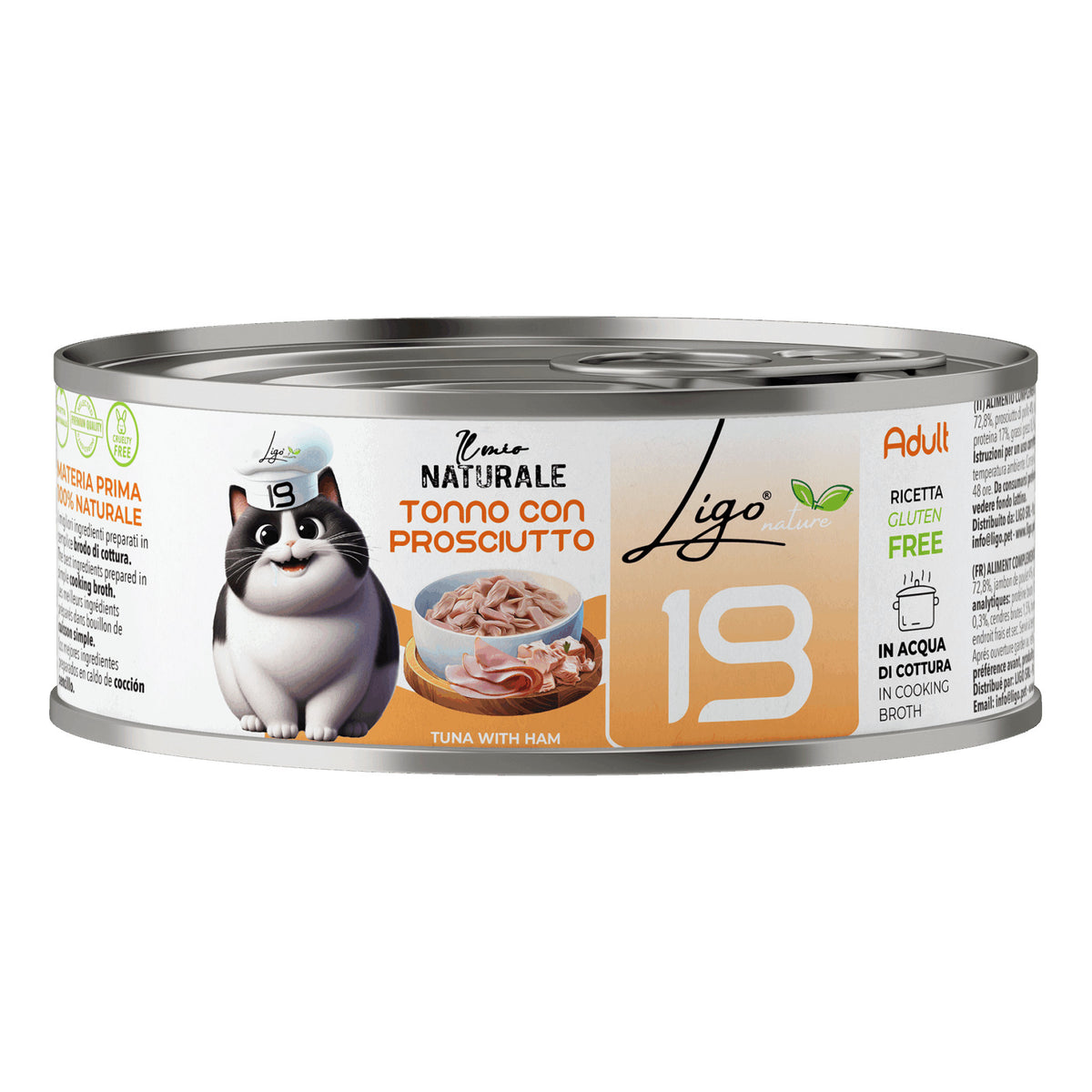 Ligo Nature Il Mio Naturale Lattina 85 g in Acqua di Cottura Umido Gatto, Tonno con prosciutto