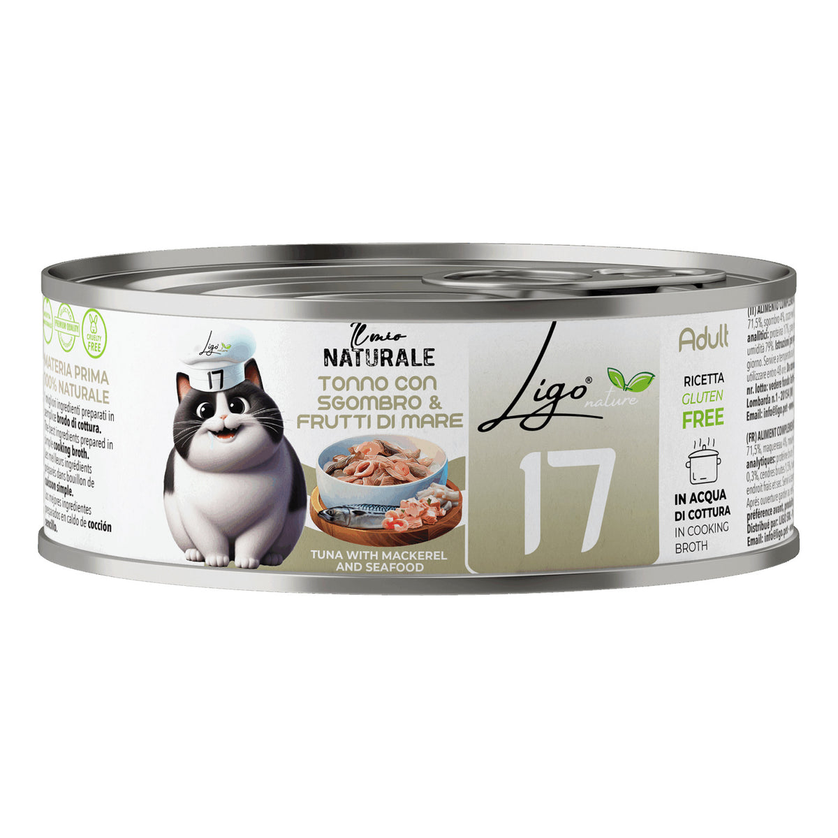 Ligo Nature Il Mio Naturale Lattina 85 g in Acqua di Cottura Umido Gatto, Tonno con sgombro e frutti di mare