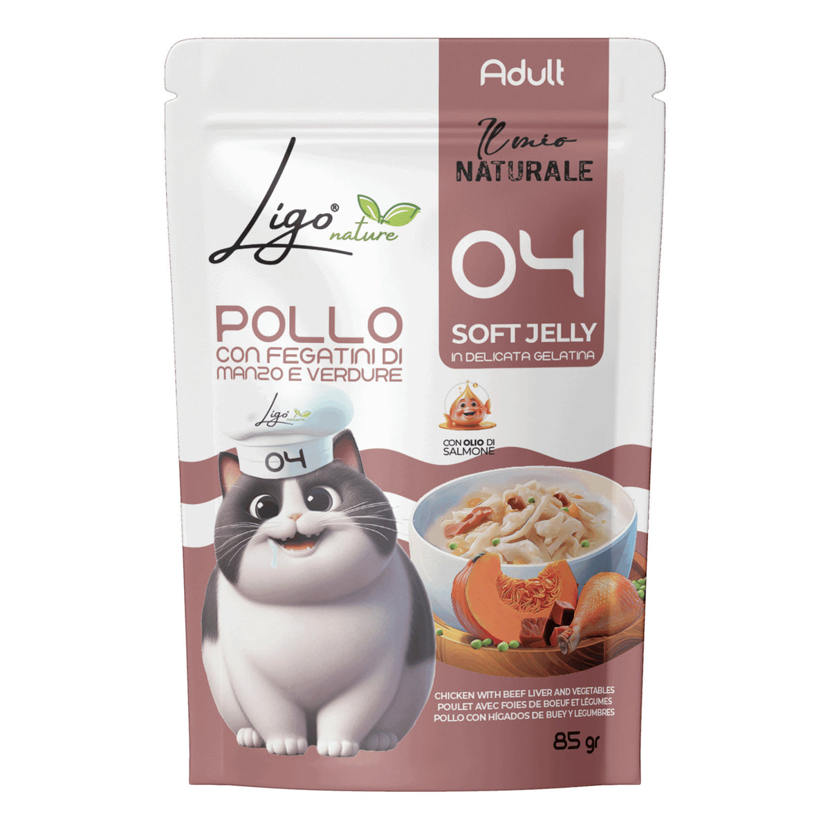 Ligo Nature Il Mio Naturale Soft Jelly Busta 85 g Umido Gatto, Pollo con fegatini di manzo e verdure